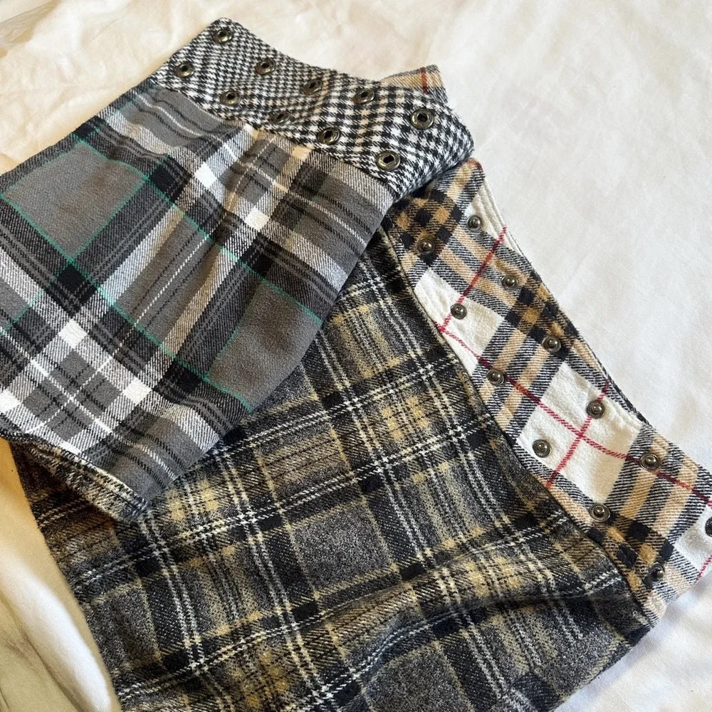 plaid studded wrap mini flannel skirt